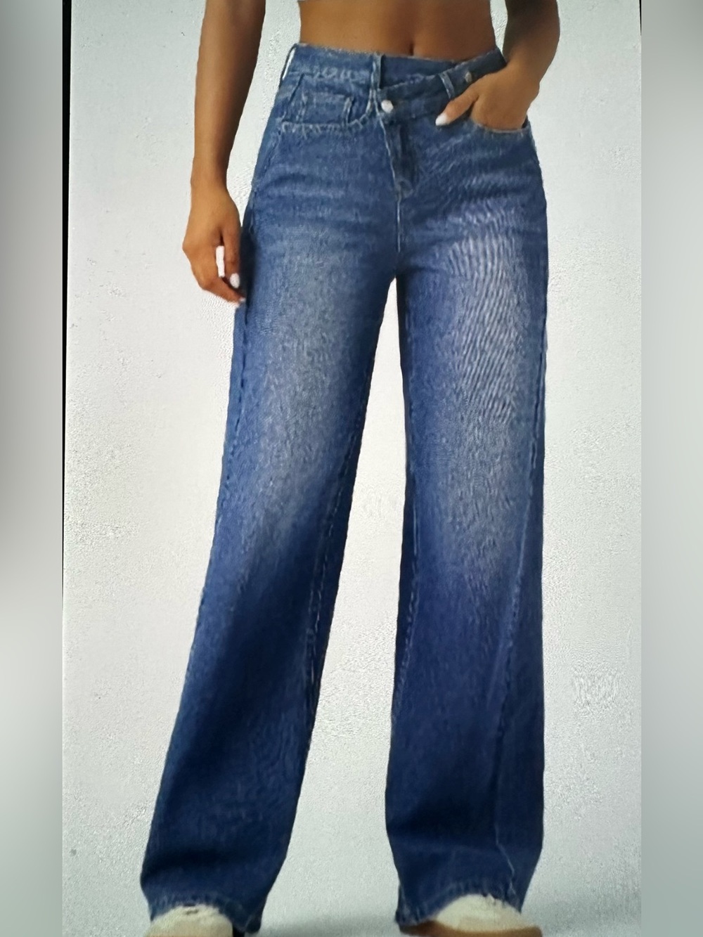 HALARA Asymmetric Mid-Rise Wide Leg Jeans in Blue Wash XS Tall